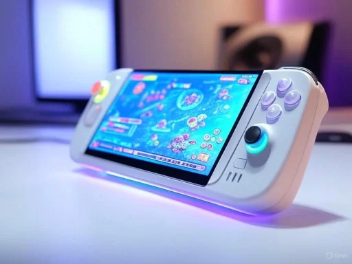 A portable gaming device with a large screen and attached controllers displays a colorful game.