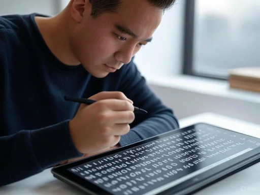 A person using a stylus on a digital tablet displaying an alien-like script.