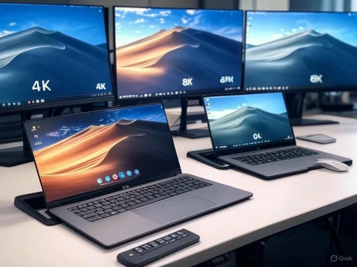 Multiple laptops and monitors display screen quality comparisons of 4K, 8K, and higher resolution displays.