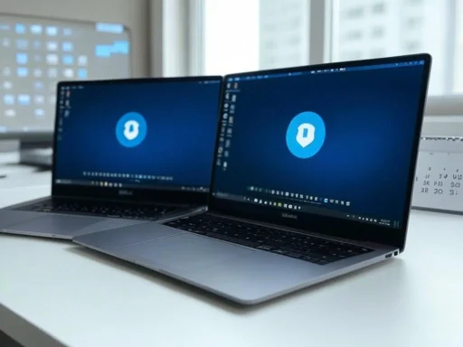 Two MacBook laptops displaying a blue shield logo, placed on a white desk with a background of bright room and windows.