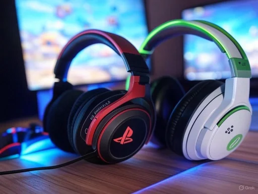 Gaming headphones with vibrant LED lighting on a wooden desk in front of computer screens. Gaming headphones with vibrant LED lighting on a wooden desk in front of computer screens.