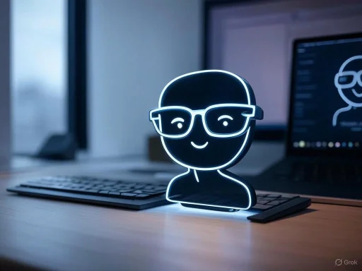 A neon-style lamp of a smiling person with glasses on a desk, with a computer and monitor in the background. A neon-style lamp of a smiling person with glasses on a desk, with a computer and monitor in the background.