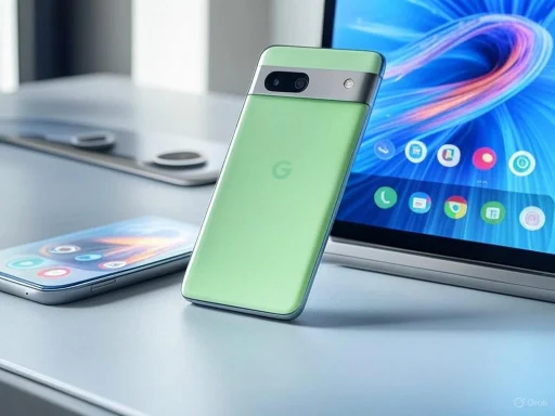 A green Google Pixel phone with a dual-camera setup, placed on a desk near a tablet and a smartphone, all showing colorful app icons.