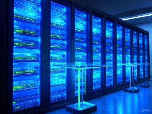 A row of illuminated blue and green servers in a data center with glass tables in front.