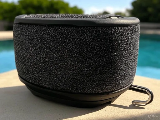 A portable black wireless speaker placed outdoors near a pool with greenery in the background.