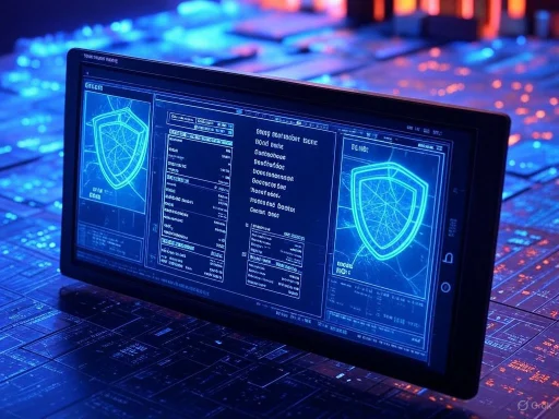 A futuristic digital security interface displayed on a tablet against a glowing cityscape background.