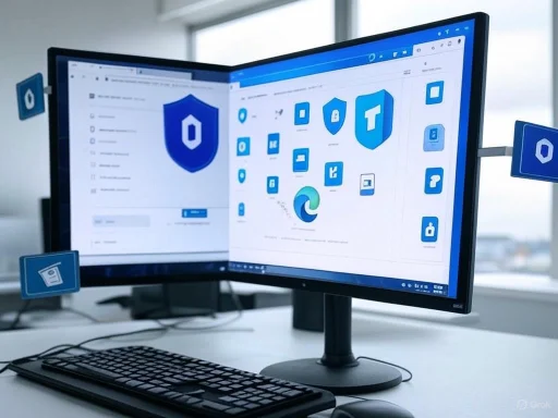 A dual-monitor setup displaying various cybersecurity and internet security icons and interface elements.