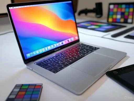 A sleek silver laptop displaying a colorful gradient wallpaper, surrounded by a color calibration card, smartphone, and tablets.