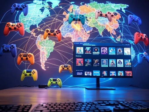 A global map with interconnected game controllers and a monitor displaying video game covers.