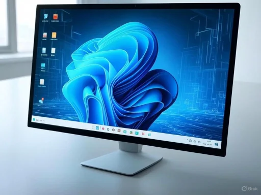 A sleek desktop monitor displaying a Windows 11 interface with a blue abstract background.