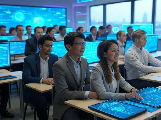 Business professionals attending a high-tech training or conference in a modern, digital-focused classroom.