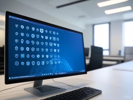 A computer monitor displaying multiple security and shield icons on a dark blue background in an office setting.