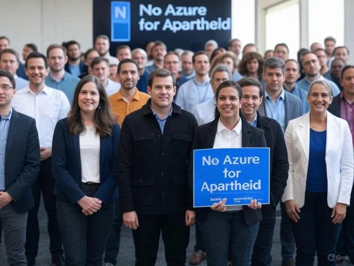 Group of people protesting against apartheid, holding signs saying 'No Azure for Apartheid'.