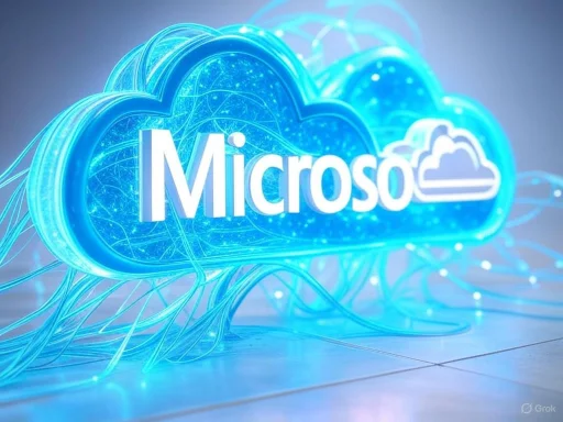 A neon blue cloud with the 'Microsoft' logo, surrounded by glowing digital lines and network connections.