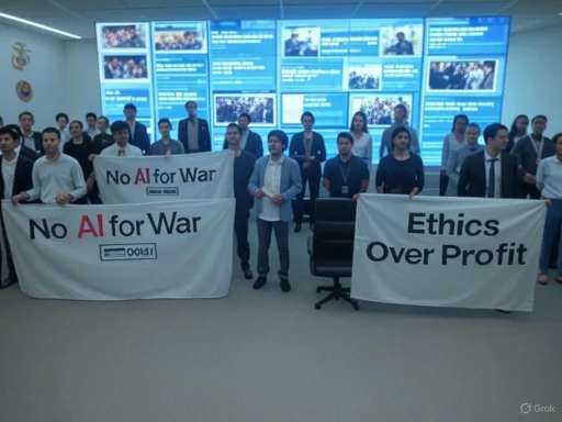 Group of people holding banners protesting the use of AI in war and promoting ethics over profit in technology.