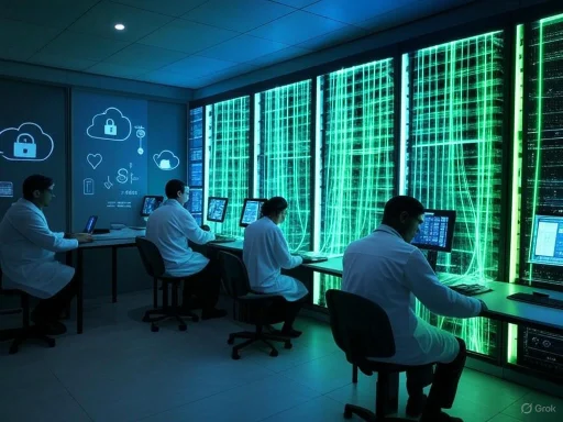 Medical professionals work on computers in a high-tech data center with glowing green servers.