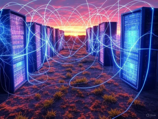 Futuristic data servers connected by glowing blue data streams at sunset in an outdoor setting.