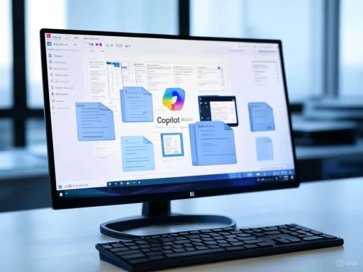 A computer screen displays a document management or organization interface with several blue file icons and the Coplot logo.