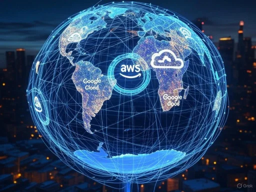 Global interconnected cloud services represented over a digital world map, highlighting AWS, Google Cloud, and Google Cloud. Global interconnected cloud services represented over a digital world map, highlighting AWS, Google Cloud, and Google Cloud.