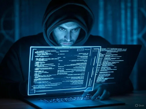 A person in a hoodie appears to be hacking or coding on a glowing, transparent digital interface in a dark environment.