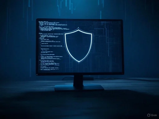 A computer monitor displays a digital shield icon and code against a dark, high-tech background.
