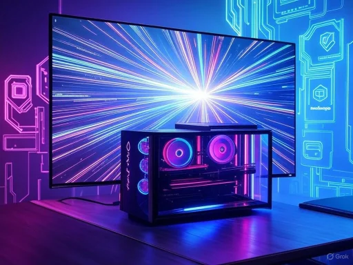 A futuristic gaming setup with neon lights, a large screen displaying a starburst effect, and a transparent PC case with glowing components.