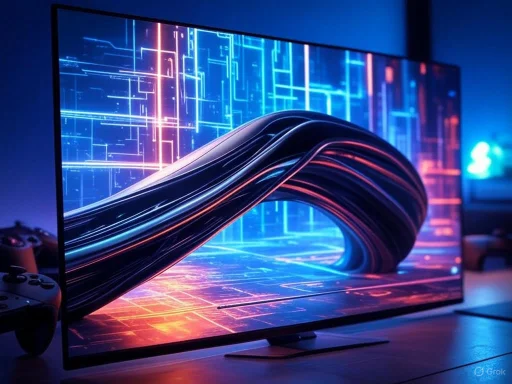 A futuristic digital display features a glowing, twisting ribbon within a high-tech, neon-lit environment.