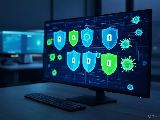 Computer screen displaying digital shields and virus icons representing cybersecurity defense against cyber threats.