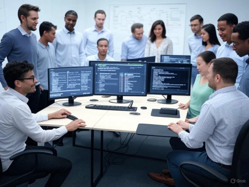 Team of professionals collaborates on a programming or coding project in a modern office.