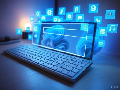 A sleek keyboard and monitor with floating app icons representing digital connectivity and technology.