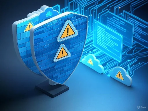 Shield and cloud symbols with warning signs indicating cybersecurity threats or data protection alerts.