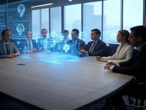 Business meeting with holographic brain and tech visuals displayed over a conference table.