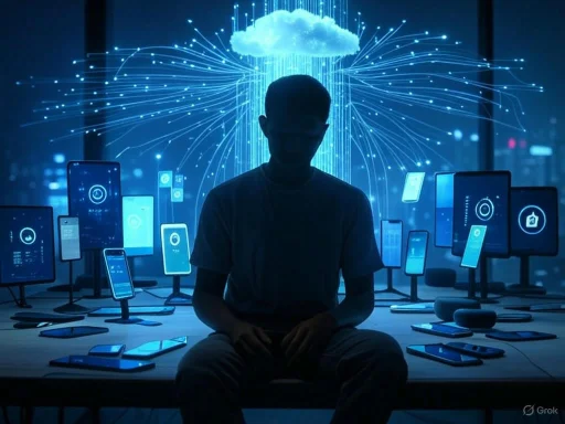 A person is silhouetted against a digital background with interconnected devices and a cloud, symbolizing cloud technology and data.