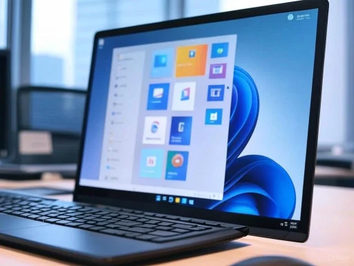 A desktop computer and keyboard display a Windows 11 interface on a bright office desk.
