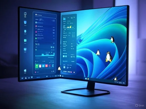 A dual-screen computer monitor displays a desktop with penguin illustrations and a vibrant blue wave background.