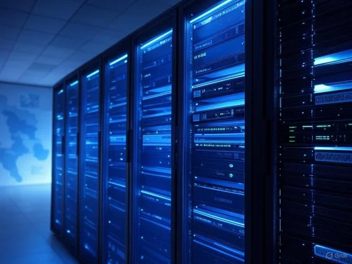 Server racks emitting blue light in a data center room.