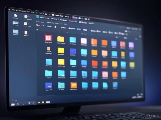 Computer screen displaying a desktop with numerous colorful folders and files arranged in a grid.