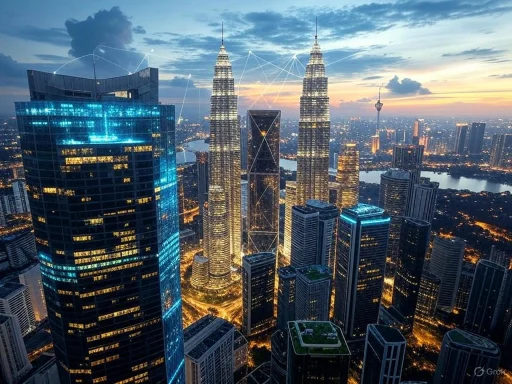 Kuala Lumpur skyline at sunset featuring the Petronas Towers with digital connection graphics over the city. Kuala Lumpur skyline at sunset featuring the Petronas Towers with digital connection graphics over the city.