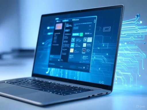 A laptop displaying a futuristic digital interface with circuit-like graphics projecting from the screen.