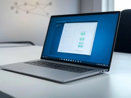 A laptop displaying a digital interface with buttons, placed on a white desk in a modern office setting.
