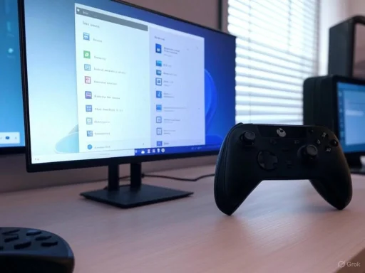 A gaming controller in front of a computer monitor displaying the Windows interface, on a desk with additional screens.