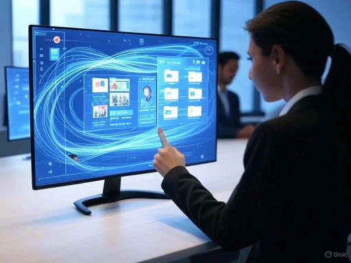 A woman interacts with a futuristic digital interface on a large screen in a modern office setting. A woman interacts with a futuristic digital interface on a large screen in a modern office setting.