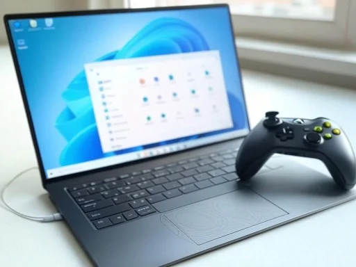 A laptop with an open screen displaying a blurred desktop and a black gaming controller resting on the right side.
