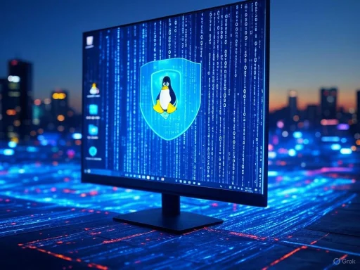 A computer monitor displays a Linux penguin logo with digital code and a shield, suggesting cybersecurity or protection themes.