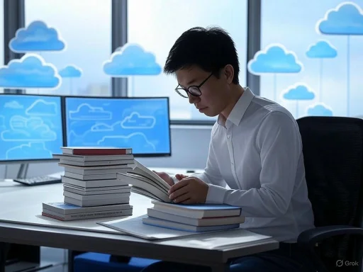 A person working at a desk with multiple computer monitors and stacks of books, with cloud-themed images on the screens and window.
