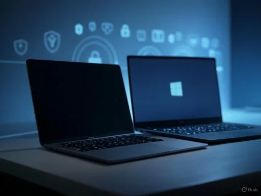 Two laptops in a dark room with digital security icons projected on the wall.