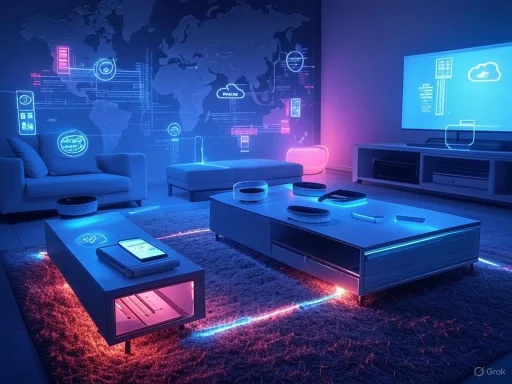 A futuristic living room illuminated by neon blue and pink lights, with digital displays and a world map on the wall.