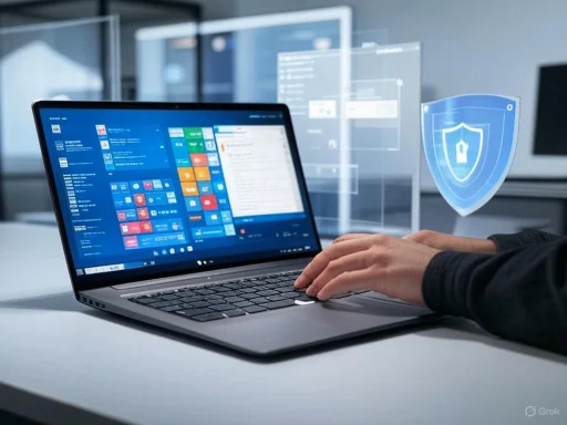 A person using a laptop with digital security icons and holographic shields indicating cybersecurity or data protection. A person using a laptop with digital security icons and holographic shields indicating cybersecurity or data protection.