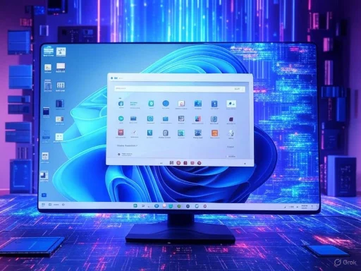 A futuristic computer setup with a large monitor displaying a Windows interface, surrounded by digital code and neon lights.