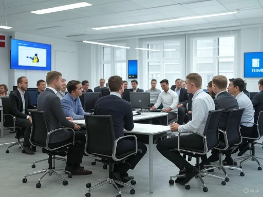 A group of professionals in business attire attending a meeting in a modern conference room. A group of professionals in business attire attending a meeting in a modern conference room.